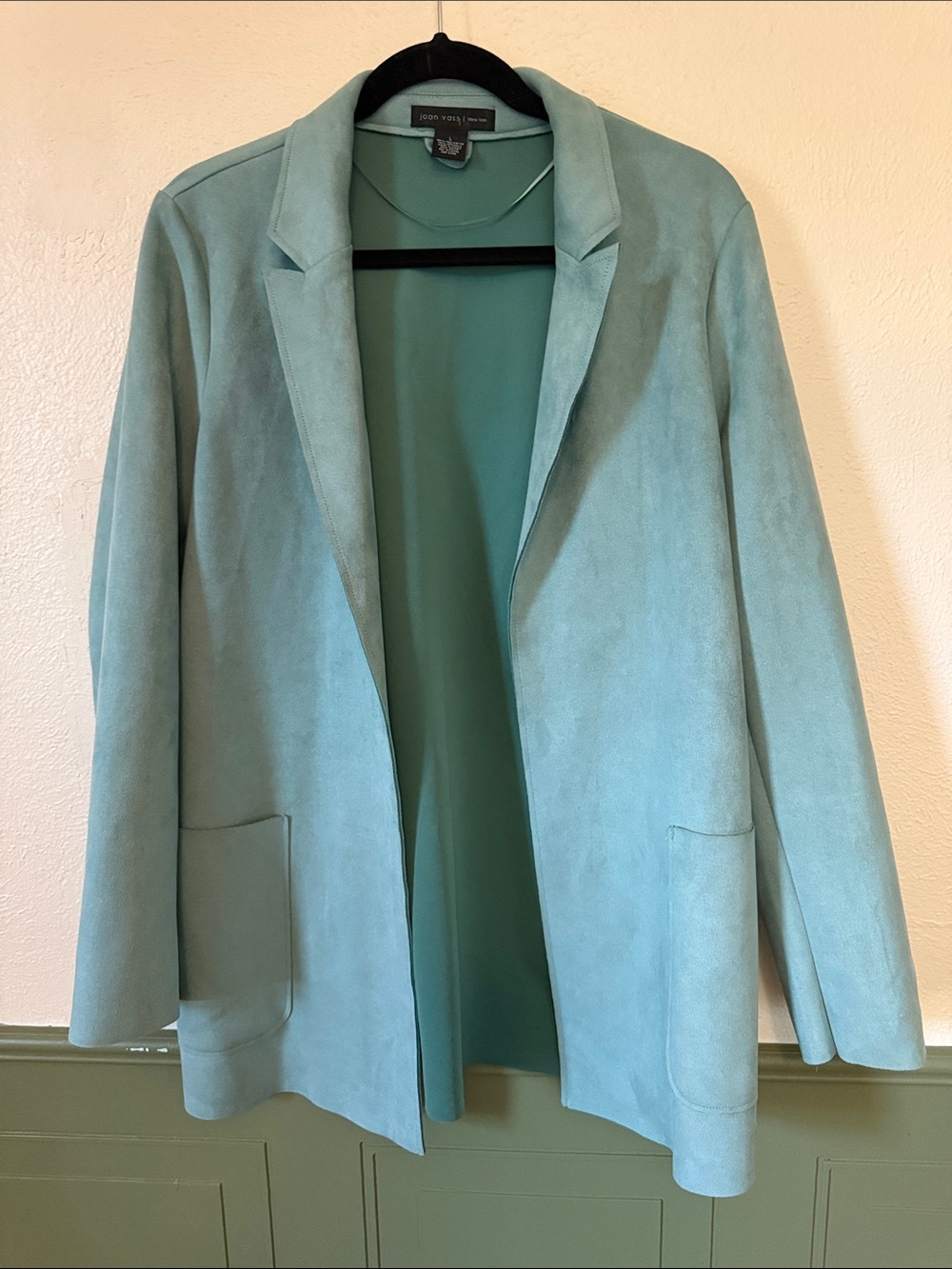 Joan Vass Teal Open-Front Suede, faux leather Blazer